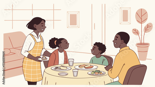 Illustration of a happy african american family having dinner together at the dining room table