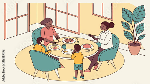 Family members sitting around a table enjoying a meal in a brightly lit dining room setting indoors