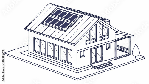 Isometric outline drawing of a modern house with solar panels and a small tree on the side yard
