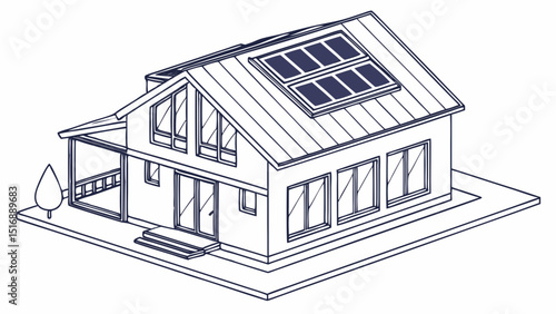 Isometric line drawing of a house with solar panels on the roof and a small tree on the side lawn