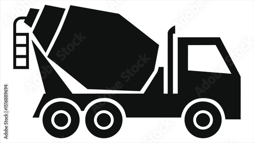 Simple black vector silhouette of a concrete mixer truck./A clean, minimalist black silhouette of a concrete mixer truck on a white background.