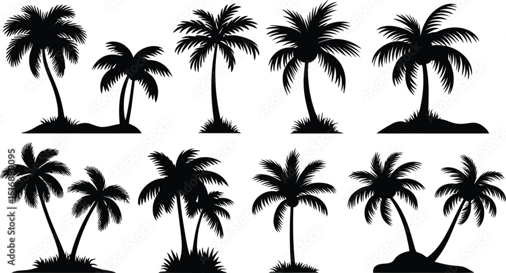 palm trees silhouette set, tropical coconut, isolated on white background palm trees silhouette set, tropical coconut, isolated on white background