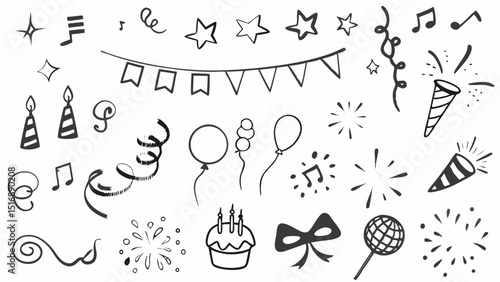 Doodle style party elements including stars, cake, balloons, and musical notes in black and white