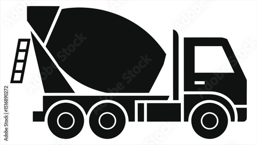 Simple black and white vector silhouette of a concrete mixer truck./A clean, simple vector graphic of a concrete mixer truck.