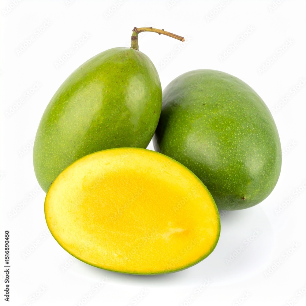 Keitt Mangoes on Isolated White Background – Large Green-Skinned Variety with Juicy Flesh and Studio Lighting Keitt Mangoes on Isolated White Background – Large Green-Skinned Variety with Juicy Flesh and Studio Lighting