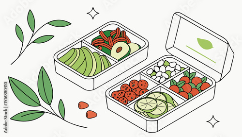 Two lunch boxes filled with avocado, berries, limes, and other healthy food with leaves around it