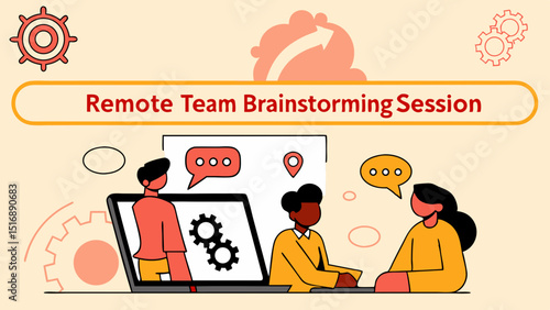 Illustration of a virtual meeting with three participants brainstorming ideas using a laptop and speech bubbles
