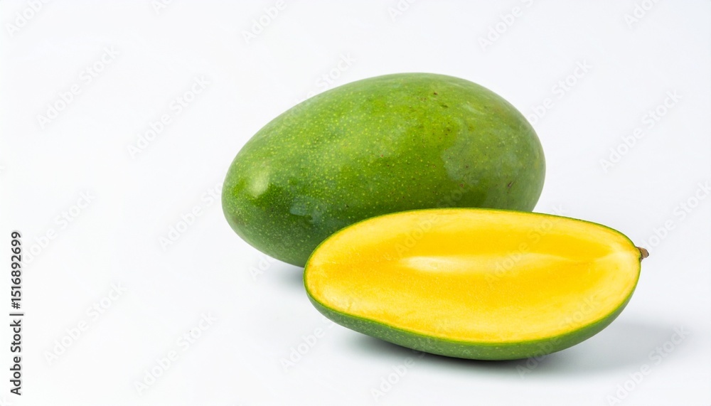 Keitt Mangoes on Isolated White Background – Large Green-Skinned Variety with Juicy Flesh and Studio Lighting Keitt Mangoes on Isolated White Background – Large Green-Skinned Variety with Juicy Flesh and Studio Lighting