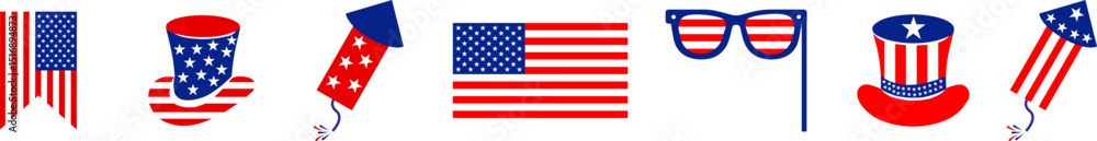 Naklejka premium 4th july Independence Day icons collection .Red, blue fireworks for 4th of July .Fourth of July elements .United States of America celebration bundle set. USA flag,fireworks,Uncle Sam hat,popper.