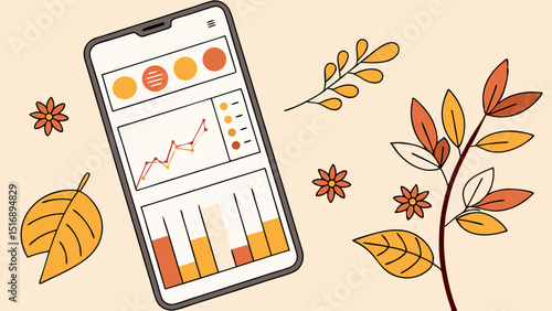 Smartphone displaying financial data charts with autumnal leaves and flowers around it