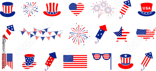 4th july Independence Day  icons collection .Red, blue fireworks for 4th of July .Fourth of July elements .United States of America celebration bundle set. USA flag,fireworks,Uncle Sam hat,popper.