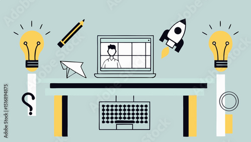 Illustration of desk with laptop showing video call, light bulbs, rocket, and office supplies scattered around