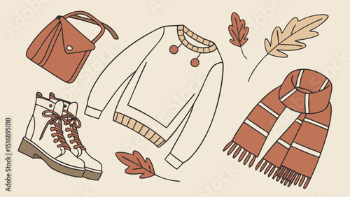 Illustration of a fall outfit with a bag, boots, sweater, scarf and leaves on a cream background