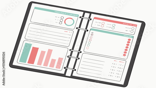 Open planner displaying charts, checklists, and lined sections for notes and task management visually