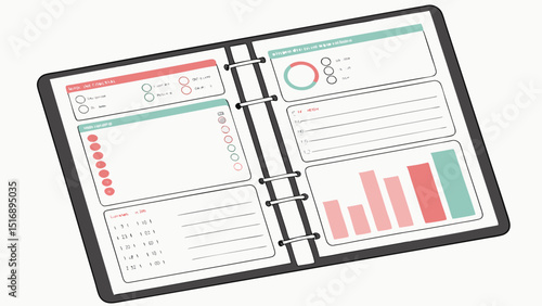 Illustration of an open binder with charts, graphs, and checklists for planning and organization tasks