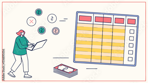 Illustration of a woman using a laptop with coins and a spreadsheet on a white background