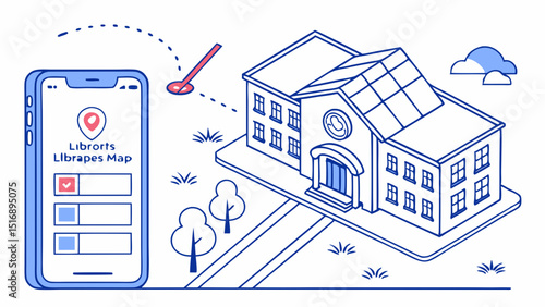 Isometric view of a building with a mobile map application showing location and nearby points of interest
