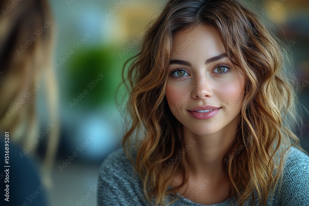 Captivating close-up portrait of a young woman in indoor natural light emphasizing beauty and emotion with copy space Captivating close-up portrait of a young woman in indoor natural light emphasizing beauty and emotion with copy space
