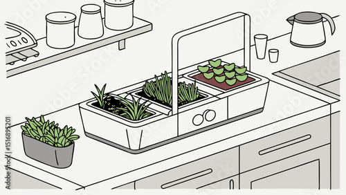 Indoor gardening setup with various plants in containers on a kitchen countertop setting depicted