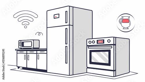 Illustration of a modern kitchen with appliances and wifi symbol for smart home connectivity