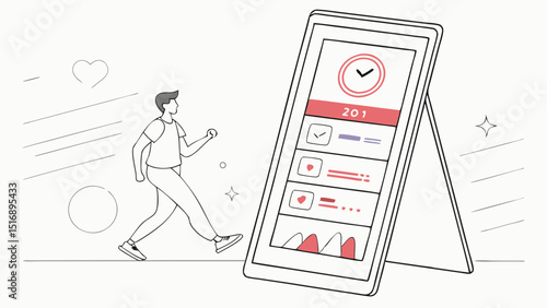 Man walking next to a digital display showing health stats and progress tracking with heart icons and checkmarks