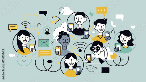 Illustration of diverse people using smartphones surrounded by communication and social media icons elements