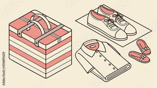 Isometric view of a striped suitcase, folded shirt, sneakers, and sandals on a light background
