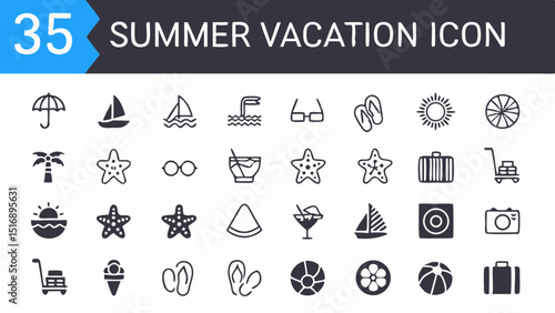 Collection of summer vacation icons featuring beach, travel, and leisure elements in a vector format