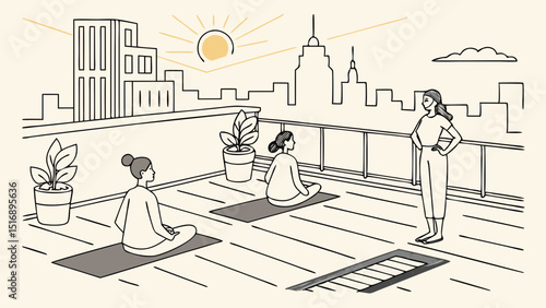 Yoga class on a rooftop with cityscape background and instructor guiding the meditation session outdoors