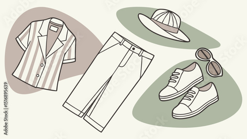 Illustration of a striped shirt, trousers, hat, sneakers, and sunglasses arranged together nicely