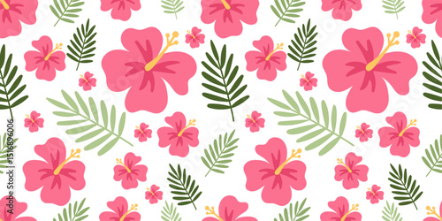 Tropical hibiscus seamless pattern with palm leaves — vibrant summer floral vector background featuring pink exotic flowers and jungle greenery. Perfect for beach party invitations, swimwear fabric.