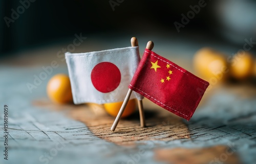 Maritime boundaries marked by Japanese and Chinese flags symbolize ongoing tensions in East Asia's disputed waters