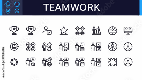 Illustration showcasing a variety of teamwork and collaboration icons in a structured arrangement format