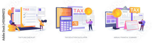 Tax Filing and Deduction Tools abstract concept vector illustrations.
