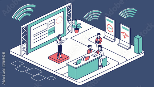 Isometric view of a trade show booth with presenter and attendees at a conference event space