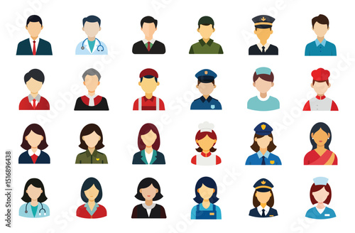 Flat Avatar collection of different professionals Male and Female Character Set on white background

