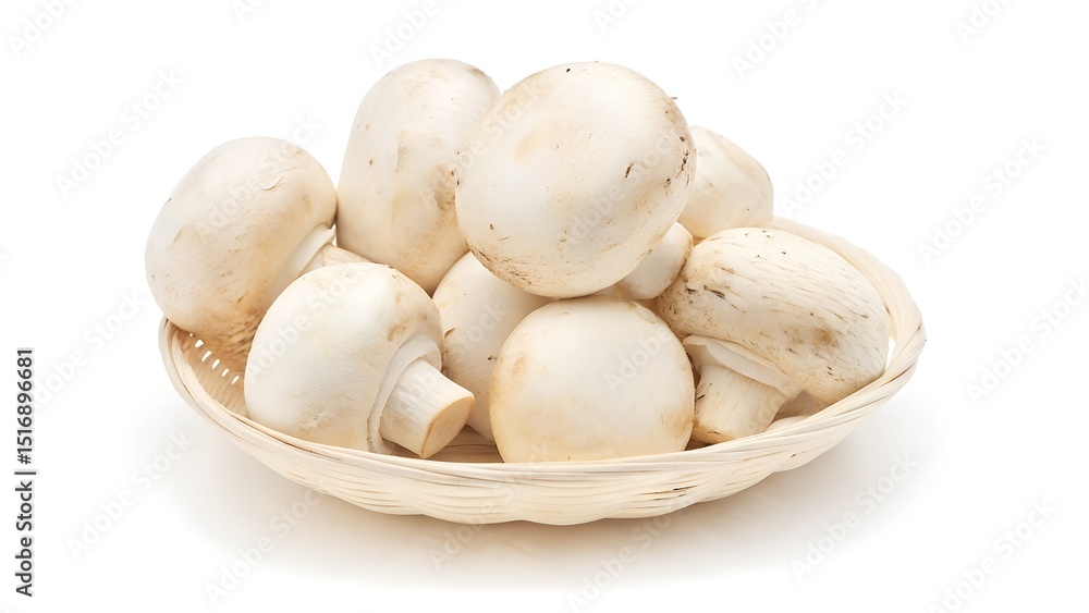 Fresh white button mushrooms in a basket isolated on white background Fresh white button mushrooms in a basket isolated on white background