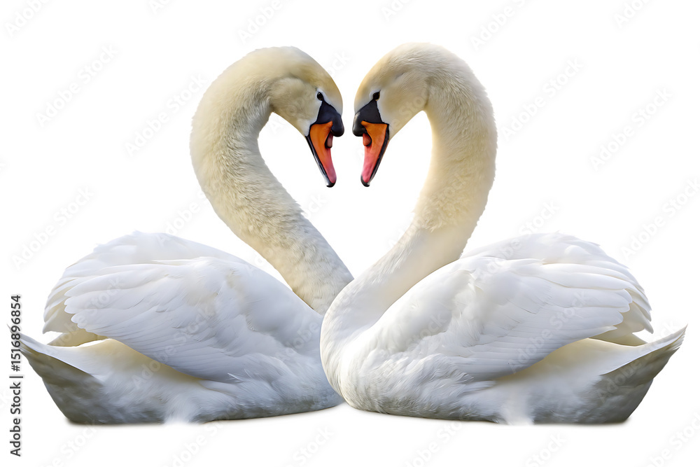 Obraz premium Two swans forming a heart shape isolated on a white background