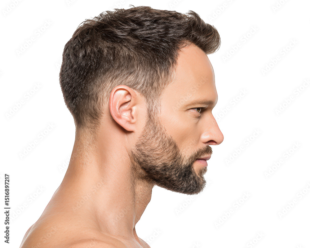 Handsome man with stylish hairstyle is shown profile, showcasing well groomed beard and strong jawline. His expression conveys confidence and sophistication, making him ideal subject for beauty Handsome man with stylish hairstyle is shown profile, showcasing well groomed beard and strong jawline. His expression conveys confidence and sophistication, making him ideal subject for beauty