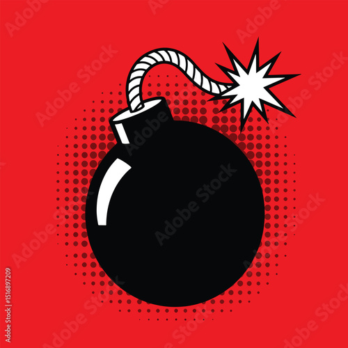classic bomb pop art symbol vector with vibrant red background and halftone dot pattern