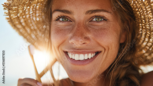 joyful woman with sun-kissed skin smiles brightly, wearing a straw hat and holding sunglasses, capturing a carefree summer moment filled with warmth and happiness