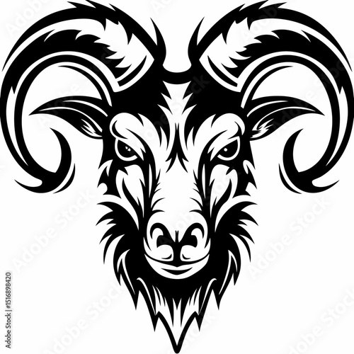 Ram head vector illustration tribal tattoo design animal graphic art horned beast mountain goat drawing black and white
