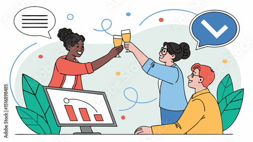 Group of colleagues celebrating success with champagne in an office environment with a checkmark symbol