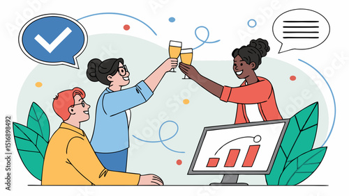 Team celebrating success with champagne by the computer showing growing bar graph and check mark icon