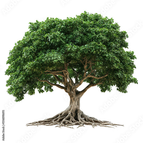 Lush green tree with exposed roots isolated on transparent background