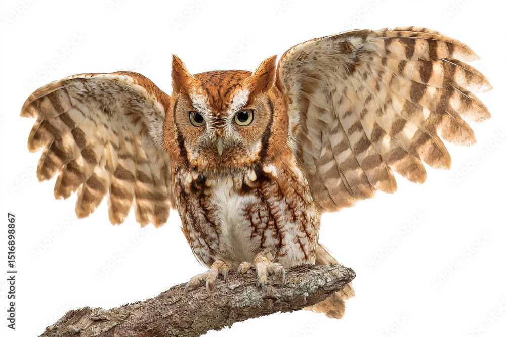 Obraz premium Red Screech Owl with Wings Spread Perched on a Branch