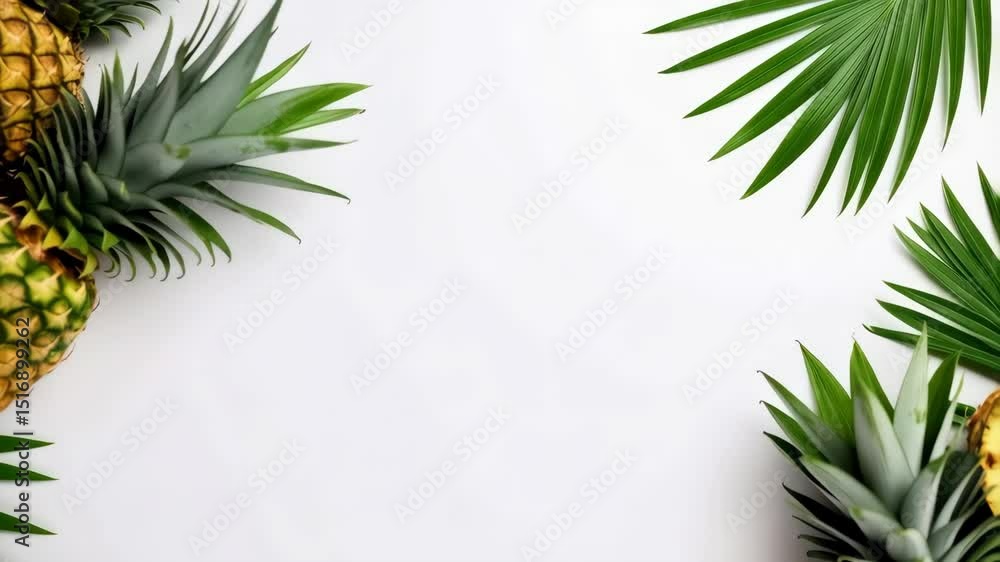 Exotic pineapples and tropical green fronds arranged on clean white background for summer food or island getaway concept. Exotic pineapples and tropical green fronds arranged on clean white background for summer food or island getaway concept.