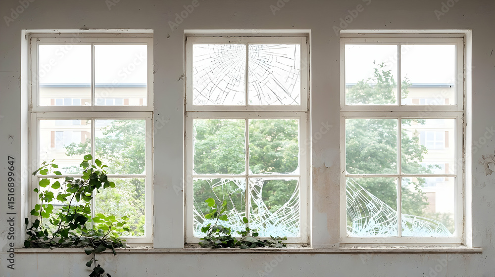 Fototapeta premium Three Windows With Ivy On Old Building Facade
