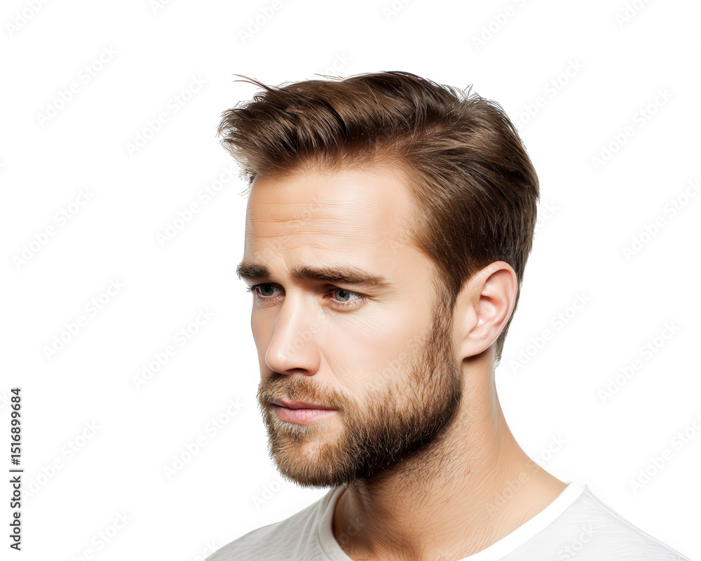 Fototapeta premium Handsome man with stylish hairstyle, showcasing well groomed beard and thoughtful expression, isolated on transparency background
