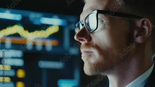 Focused stock trader analyzes market data at night, illuminated by financial charts
